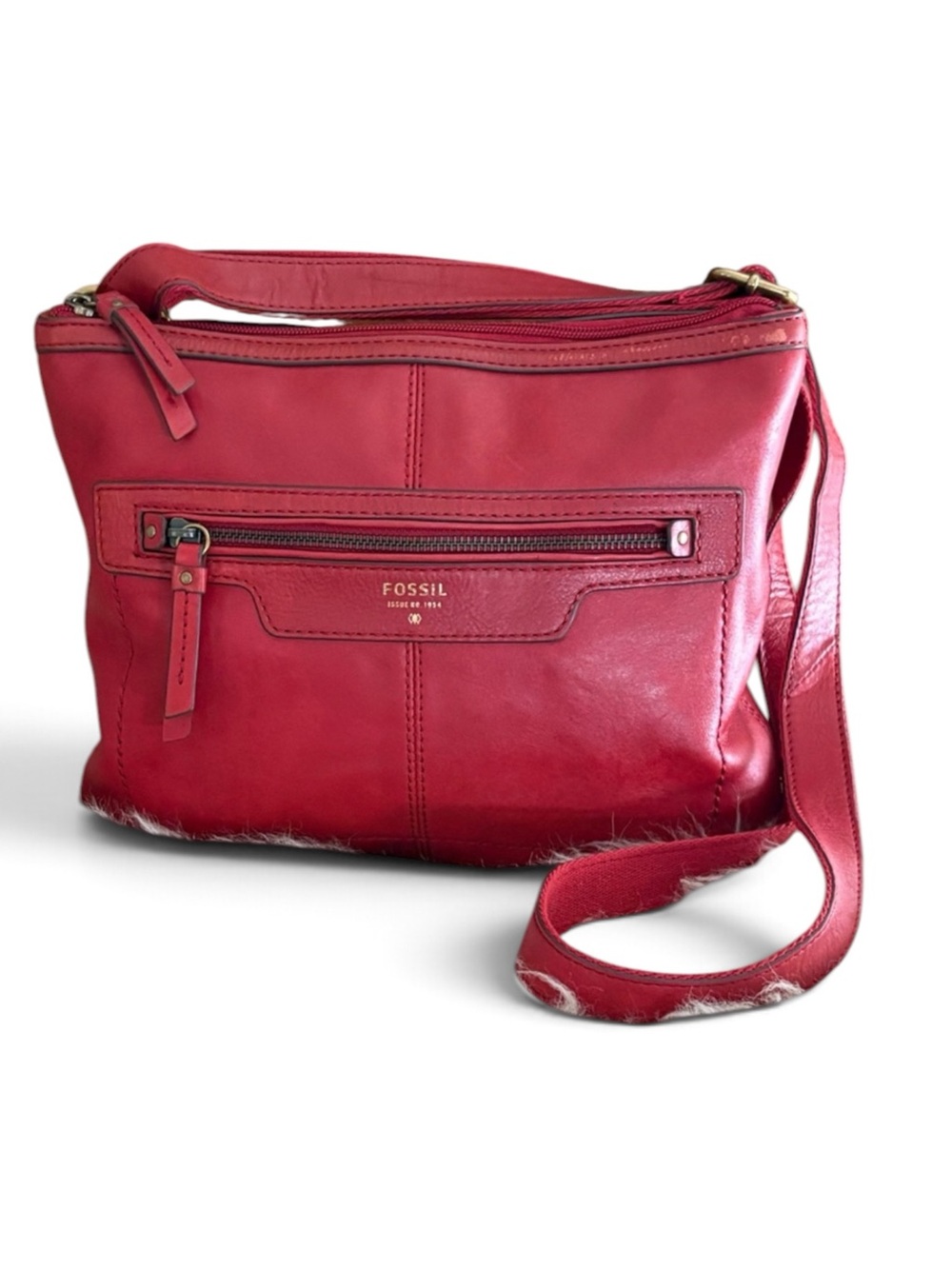 Fossil Red Leather Crossbody with Front Zip Pocket